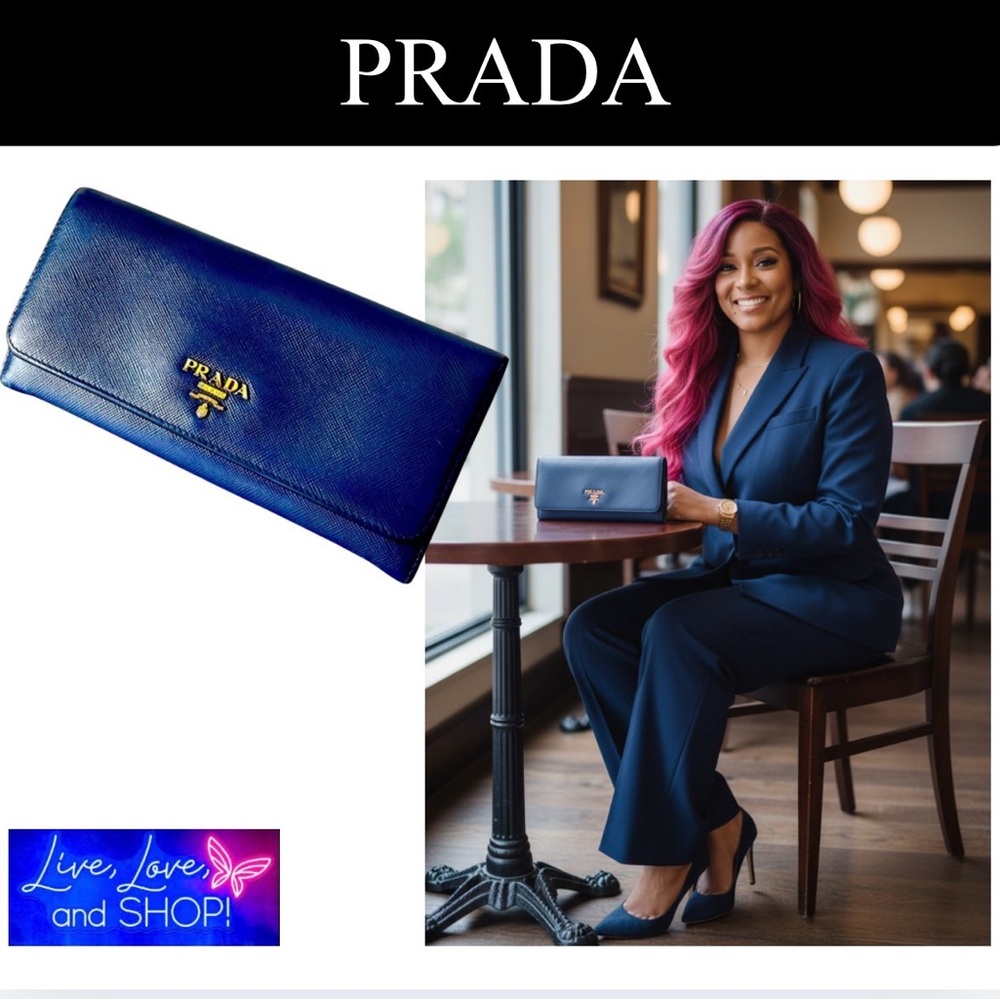 PRADA Navy Saffiano Leather Long Wallet, EUC